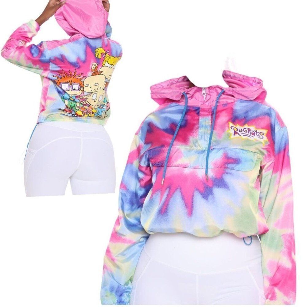 Rugrats Jacket‎ WMNS XL Tie Dye Windbreaker Crop Hoodie Rainbow Nickelodeon 90’s